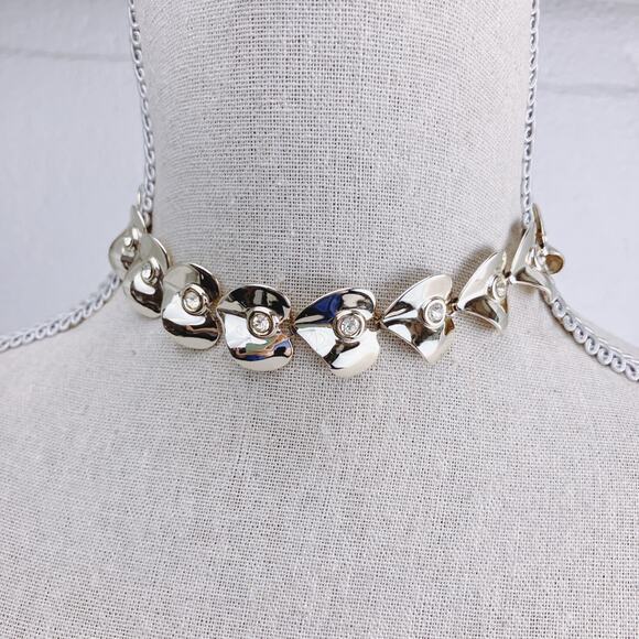 Vintage Mid Century Gold Tone Heart Rhinestone Choker Necklace 1950s - Picture 3 of 15